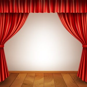 Theater stage with wooden floor red velvet open retro style curtain isolated on white background vector illustration